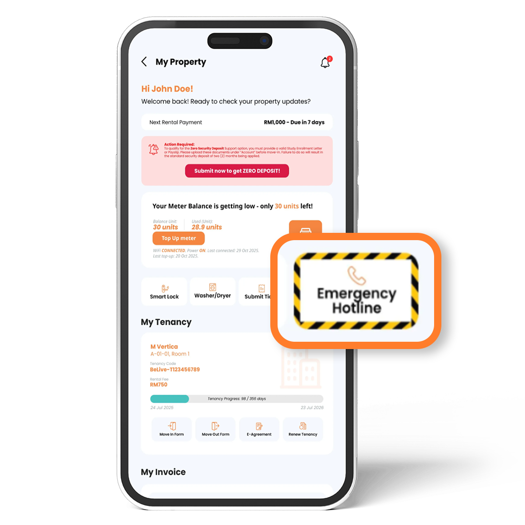 BeLive in-app emergency hotline screen